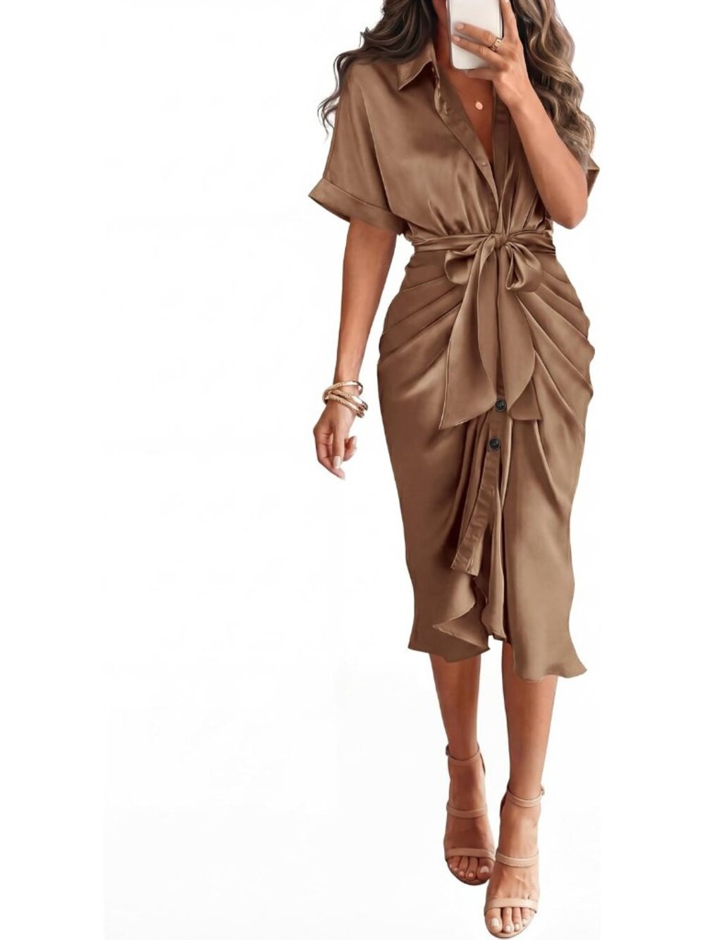 Women's Dark Khaki Short Sleeve Button Down Tie Waist Silk Satin Maxi Dresses